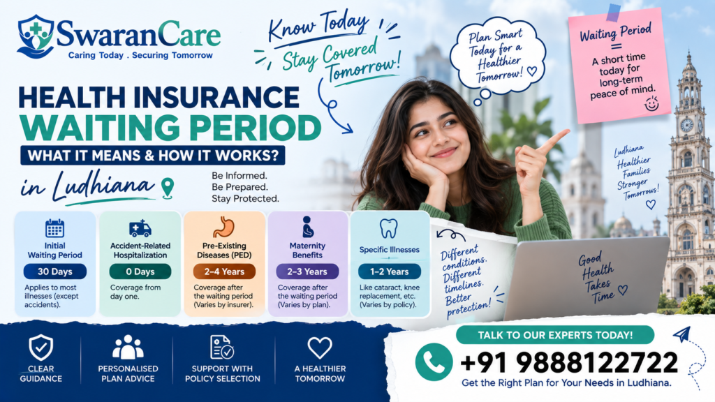 Understand health insurance waiting periods in Ludhiana: 30-day initial, 2-year specific illnesses, pre-existing diseases & reduction riders with SwaranCare.